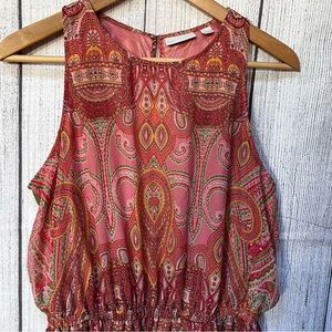 New York & Company Pink Paisley Maxi Romper 
elastic stretch waistband flowy